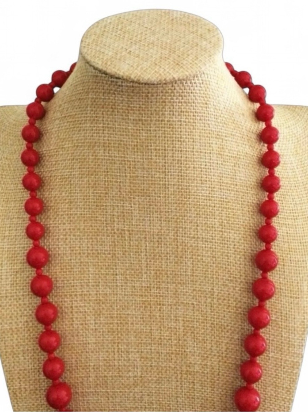 Vintage Graduated Red Lucite Beaded Necklace w/ Gold-Tone Clasp - 30" Long - Picture 4 of 10